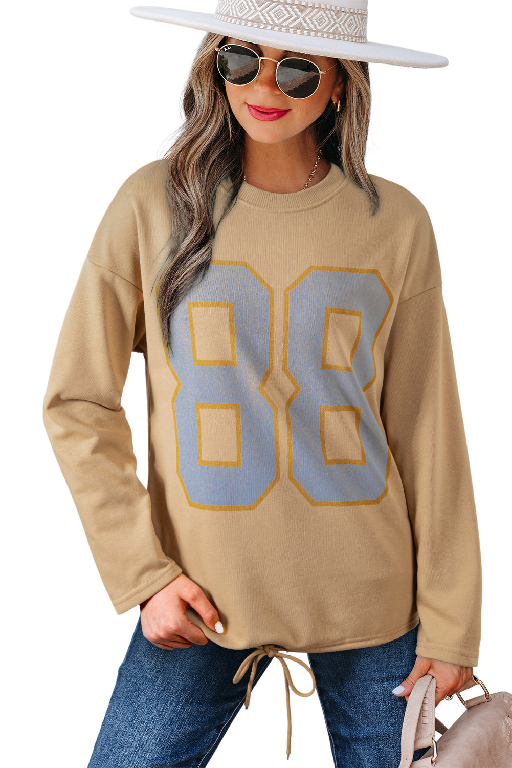 Khaki 88 Number Graphic Drawstring Hemline Oversize Long Sleeve Top