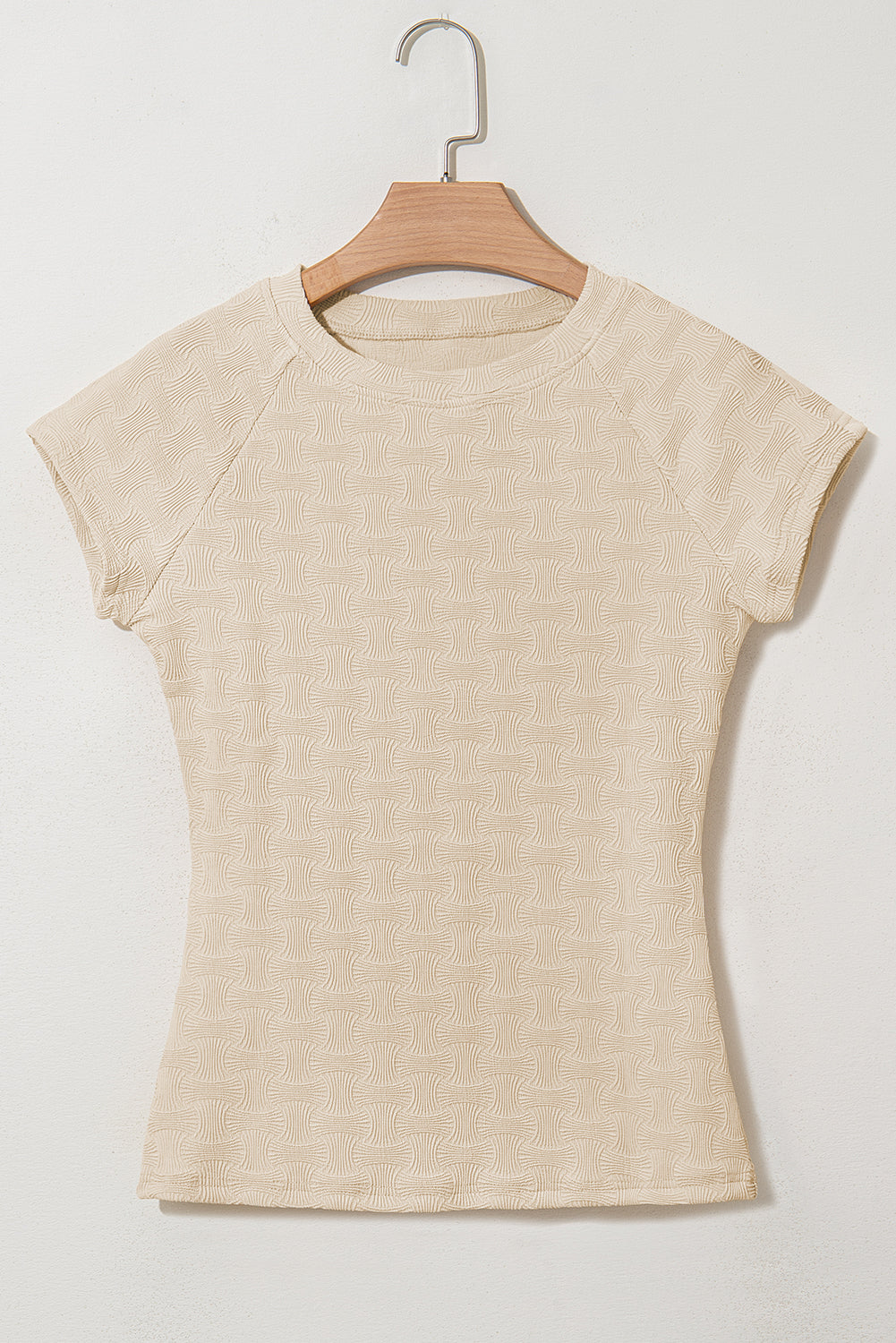 Beige Textured Crew Neck Cap Sleeve Slim Stretchy T Shirt