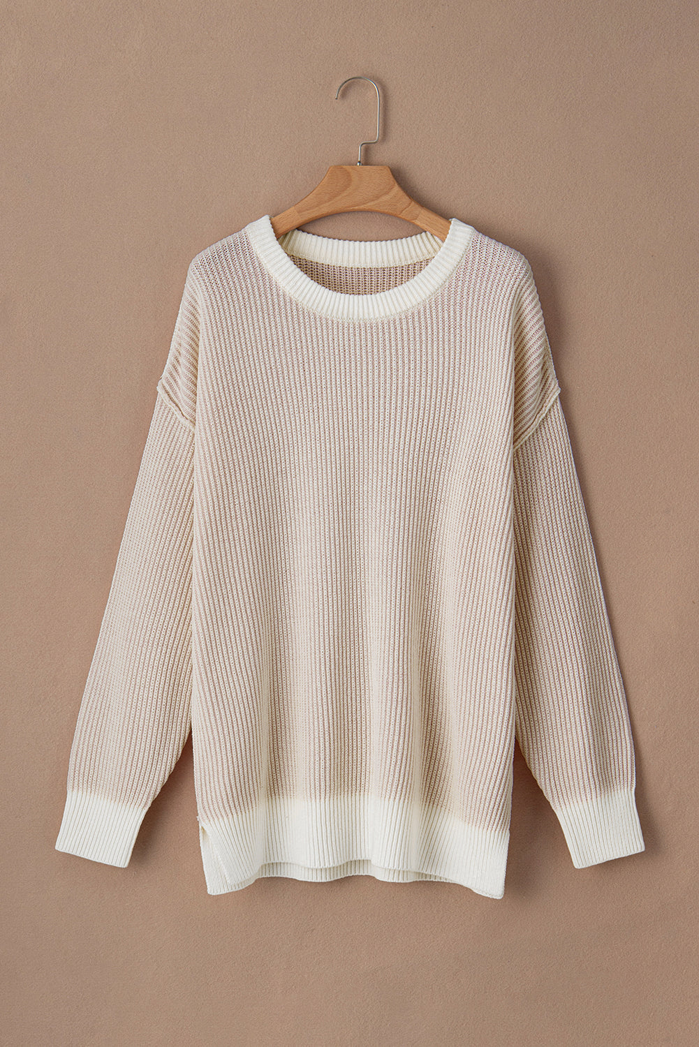 Brown Stripe Plus Size Contrast Trim Crew Neck Rib Knit Drop Shoulder Sweater