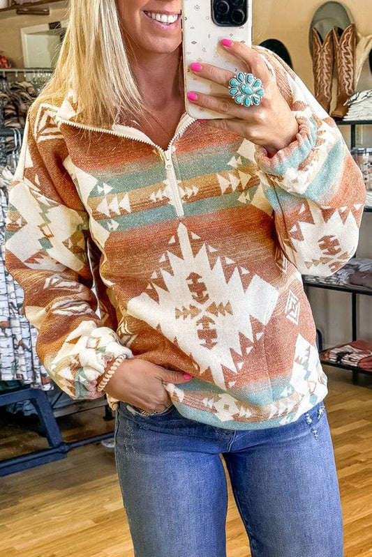 Khaki Quarter Zip Elastic Cuffs Aztec Sweatshirt