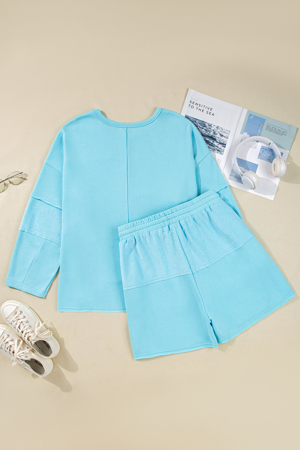 Aruba Blue Plus Size Solid Color Splicing Raw Hem Pullover Top Shorts Set