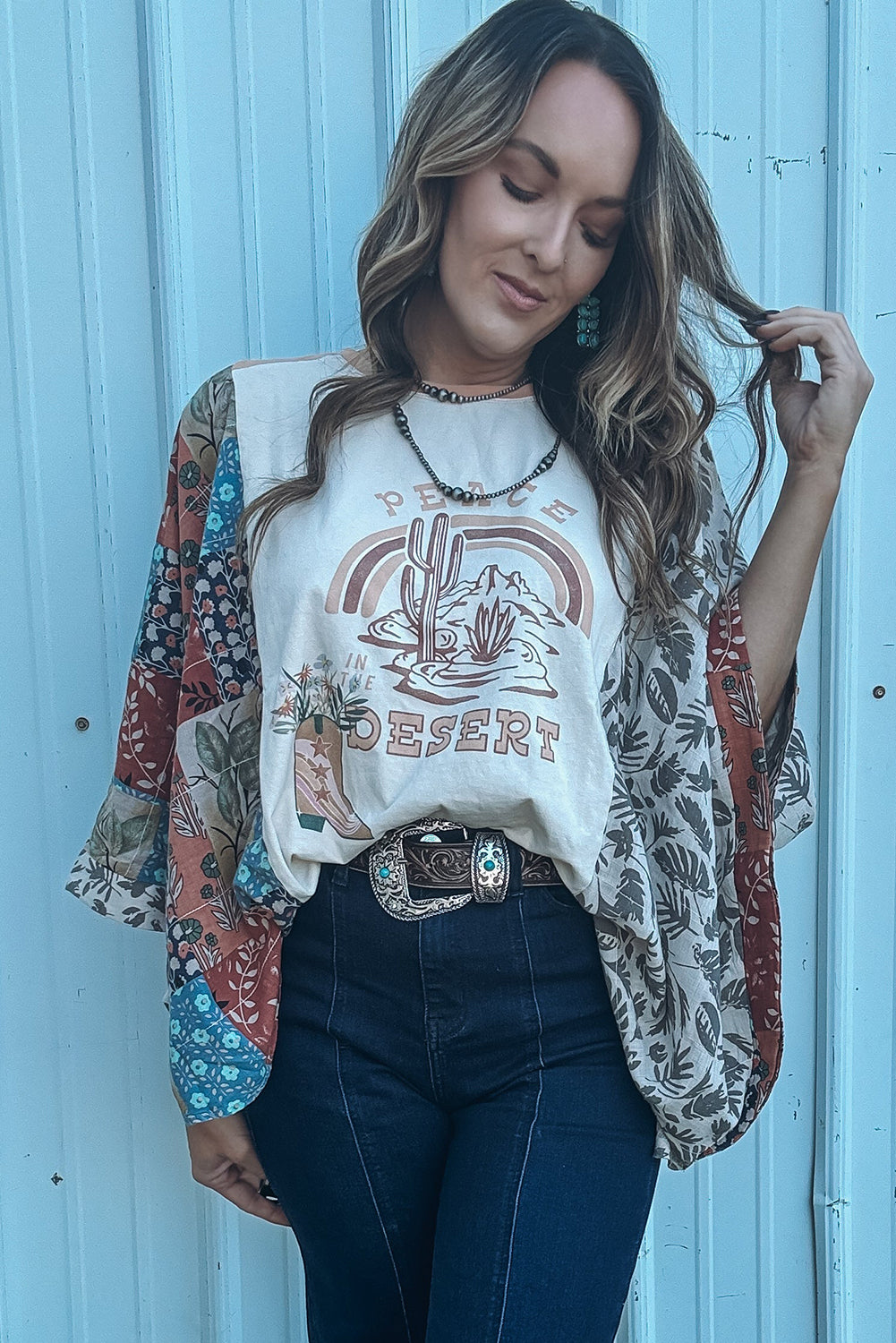 Multicolour Asymmetric Printed Patchwork Sleeve Peace Desert Graphic Top