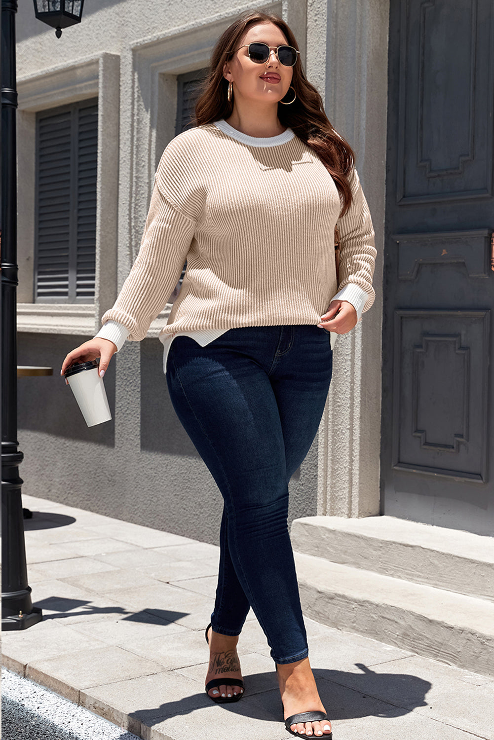 Brown Stripe Plus Size Contrast Trim Crew Neck Rib Knit Drop Shoulder Sweater