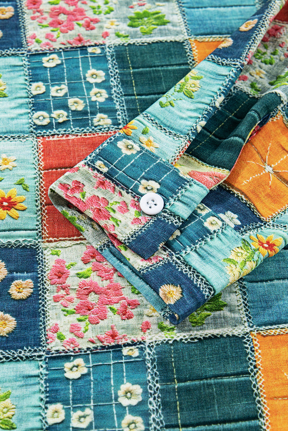 Sky Blue Floral Collared V Neck Roll up Sleeve Shift Blouse