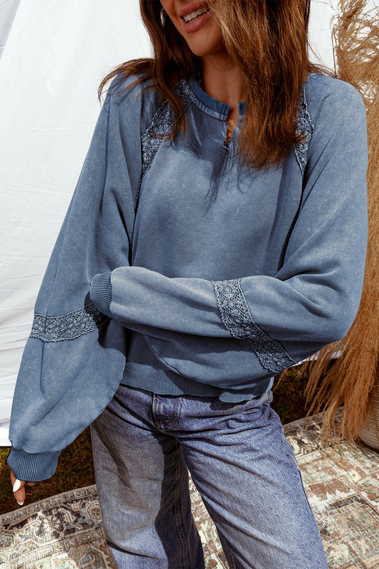 Sail Blue Lace Patchwork Detail Notched Neck Mineral Wash Baggy Sweatshirt