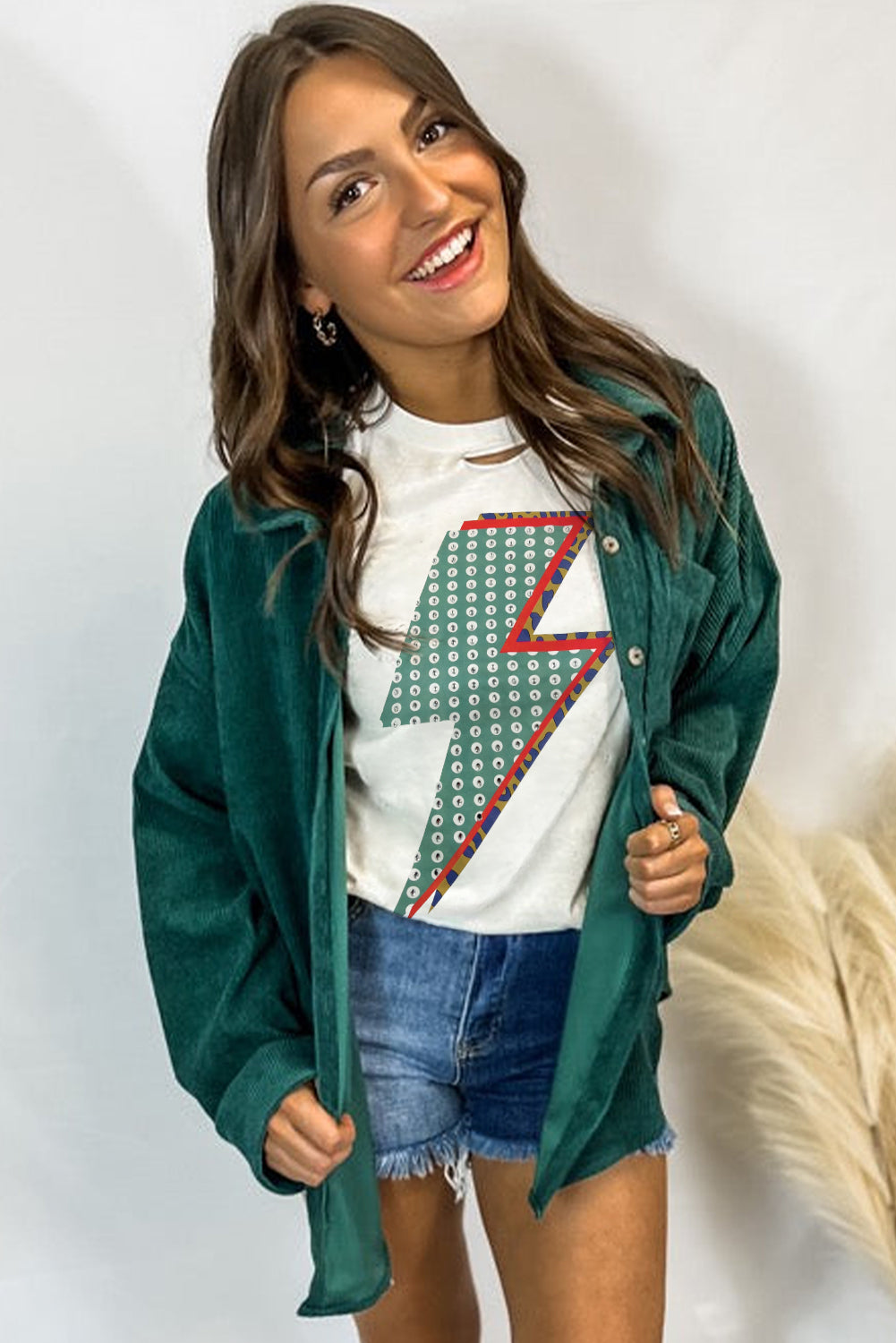 White Rhinestone Decor Bolt Graphic Ripped Western Tee